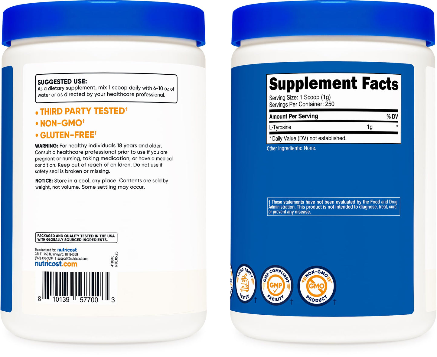 Nutricost L-Tyrosine Powder 250g โ Pure L-Tyrosine 1000mg per Serving