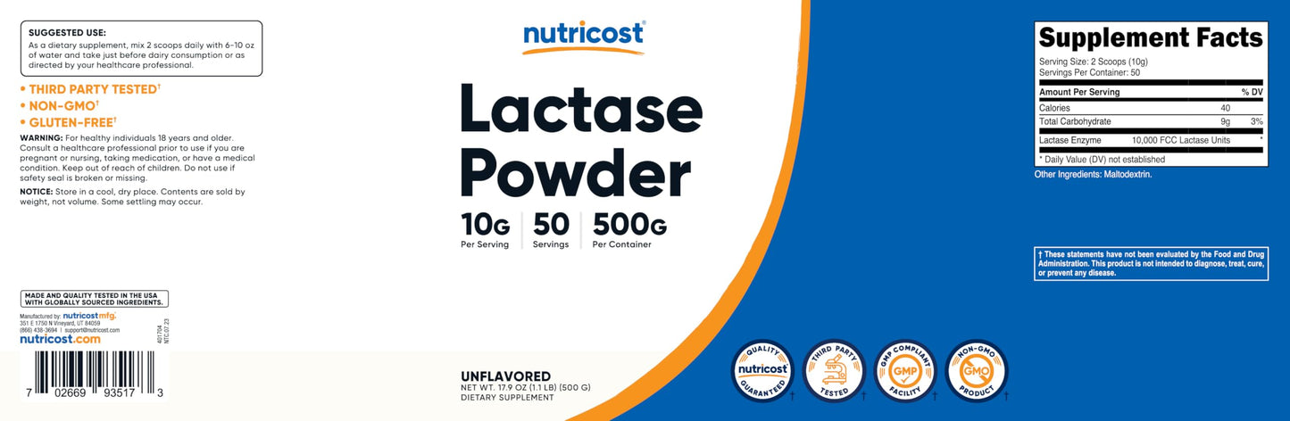 Nutricost Lactase Powder 500 Grams โ Non-GMO, Gluten Free