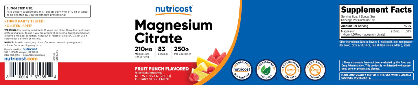 Nutricost Magnesium Citrate Powder โ Fruit Punch, 250 g