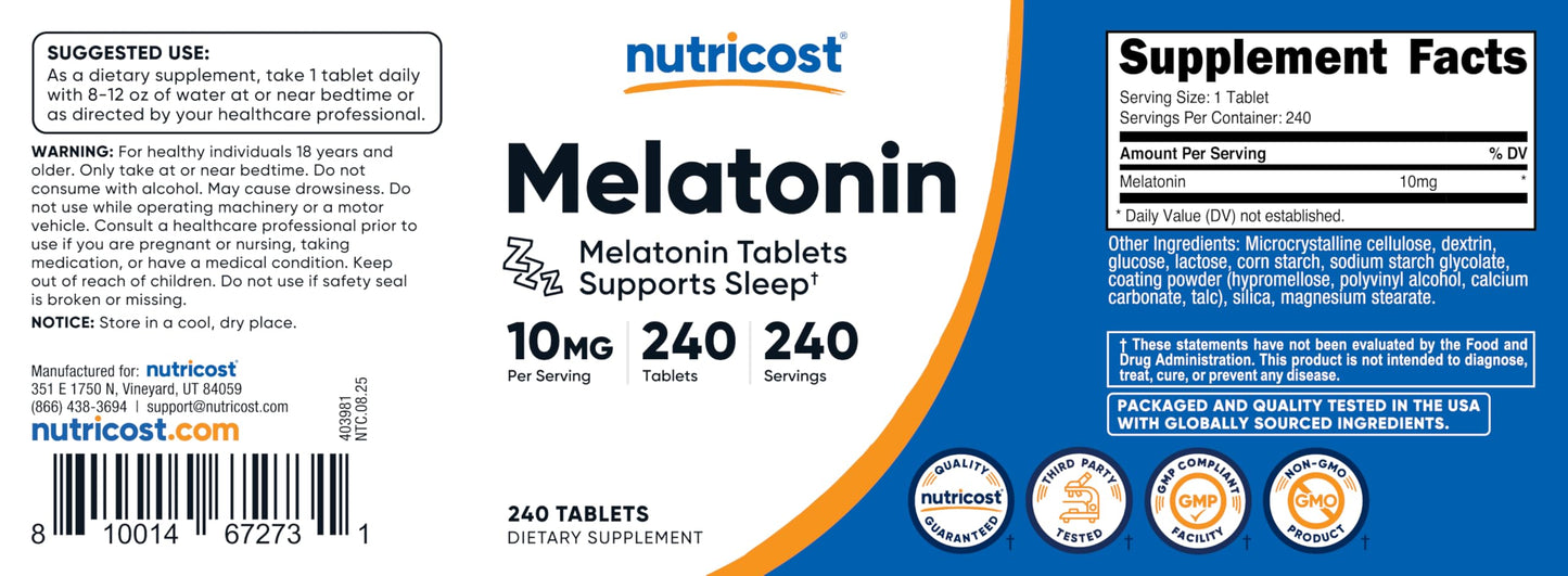 Nutricost Melatonin 10mg โ 240 Tablets | Non-GMO, Gluten Free