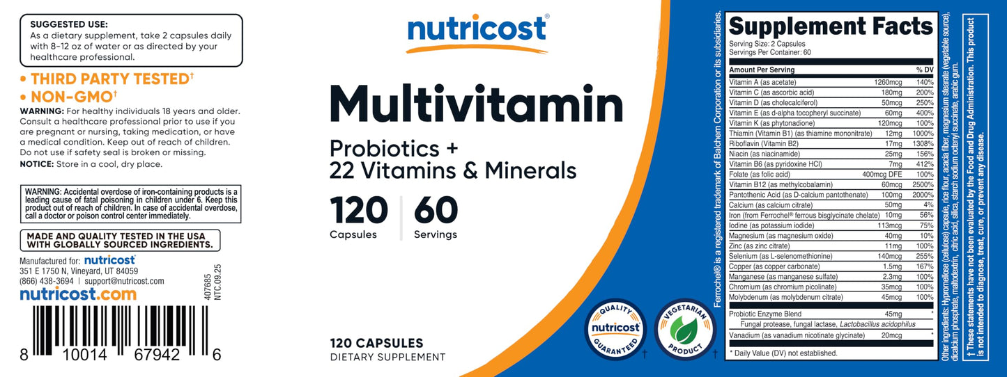 Nutricost Multivitamin with Probiotics โ 120 Vegetarian Capsules | Packed with Vitamins & Minerals