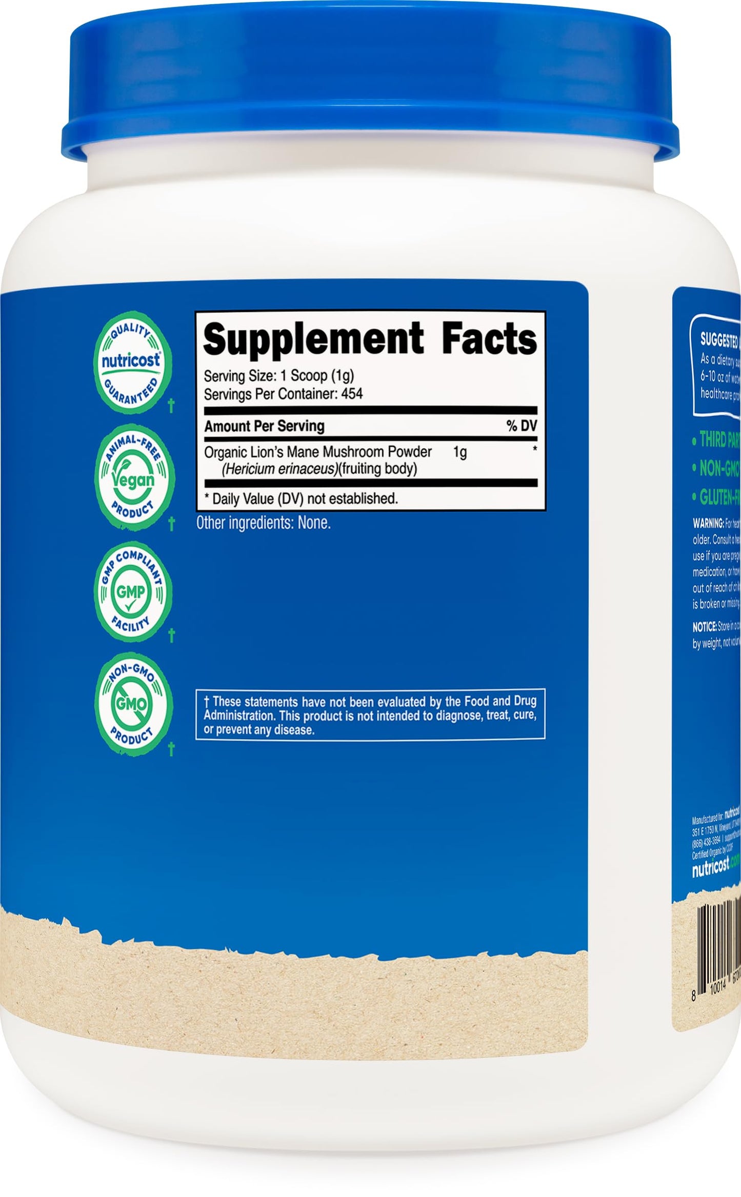 Nutricost Organic Lion's Mane Mushroom Powder 1LB β USDA Organic, Non-GMO
