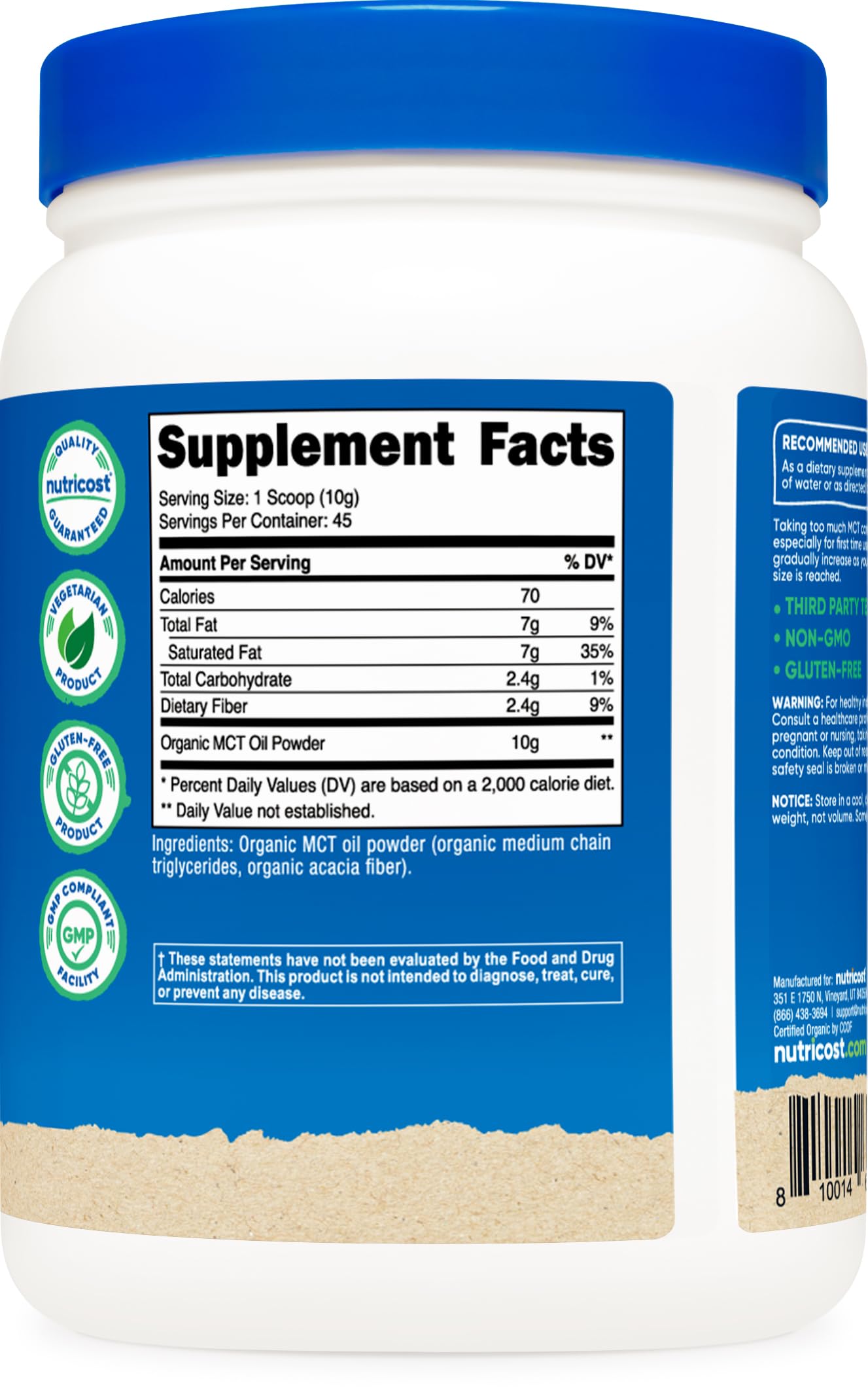 Nutricost Organic MCT Oil Powder 1 lb โ USDA Organic, Keto Friendly, Zero Net Carbs | Medium Chain Triglycerides