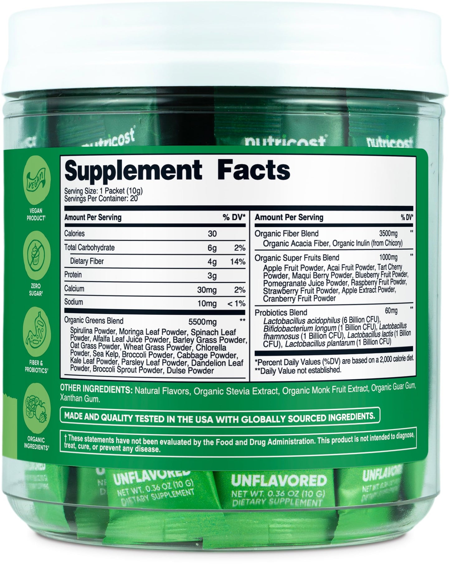 Nutricost Organic Super Greens (Unflavored) โ 20 Stick Packs | Gluten-Free, Non-GMO