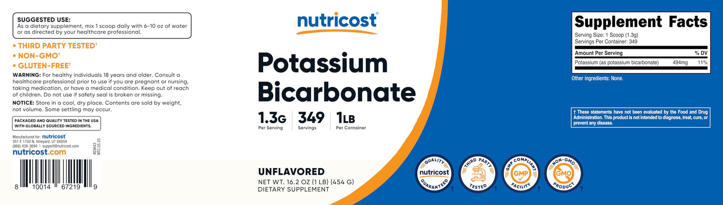 Nutricost Potassium Bicarbonate Powder 1 LB โ Gluten Free, Non-GMO