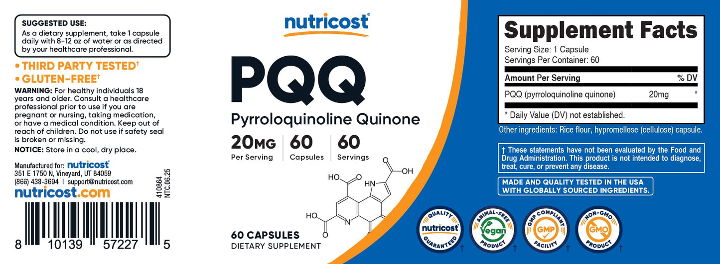 Nutricost PQQ 20mg (Pyrroloquinoline Quinone) โ 60 Vegetarian Capsules โ Non-GMO, Gluten Free