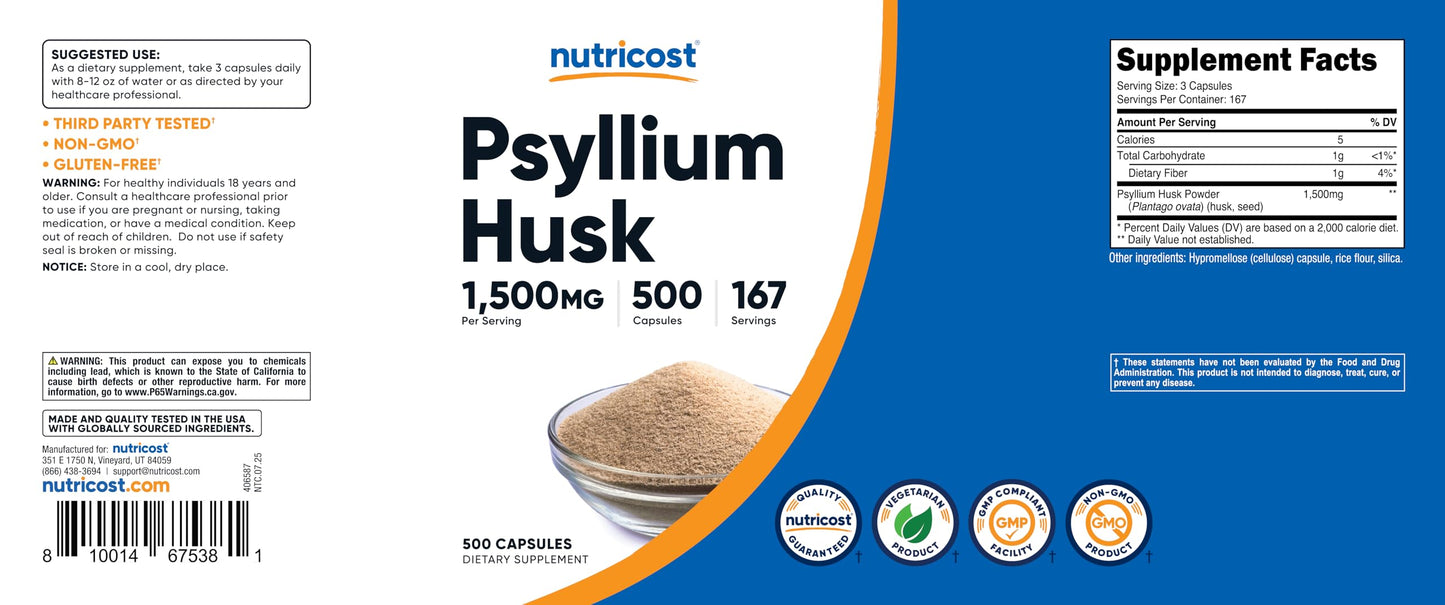 Nutricost Psyllium Husk 1500mg per Serving โ 500 Capsules | Non-GMO & Gluten Free
