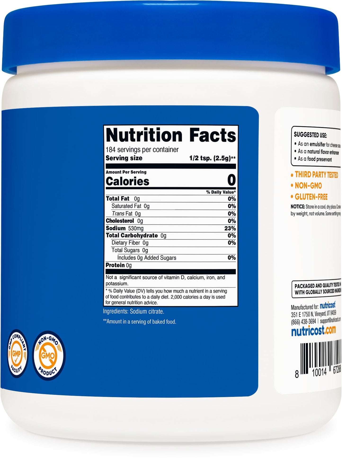 Nutricost Sodium Citrate Powder 1LB (16oz) โ Food Grade, Non-GMO, Emulsifier & Flavor Enhancer