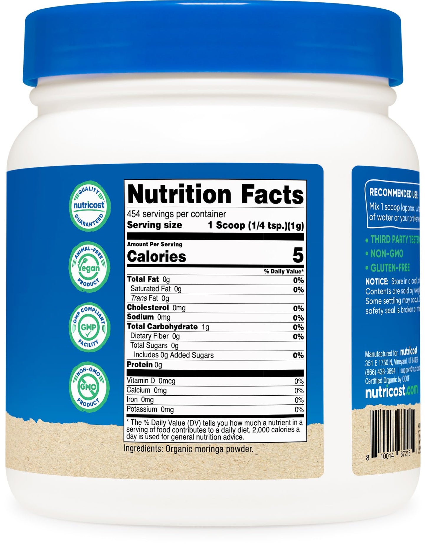 Nutricost Organic Moringa Powder 1LB (16oz) โ Gluten Free, Non-GMO, Vegetarian Friendly