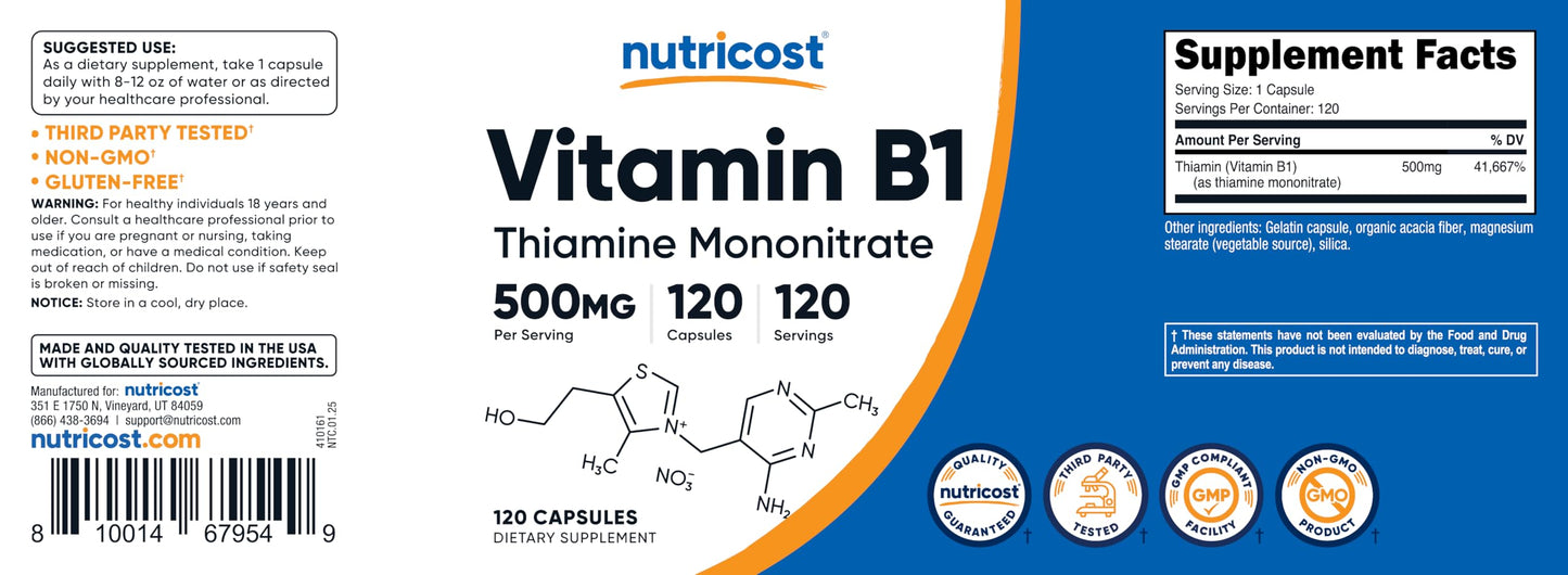 Nutricost Vitamin B1 (Thiamine) 500mg โ 120 Capsules