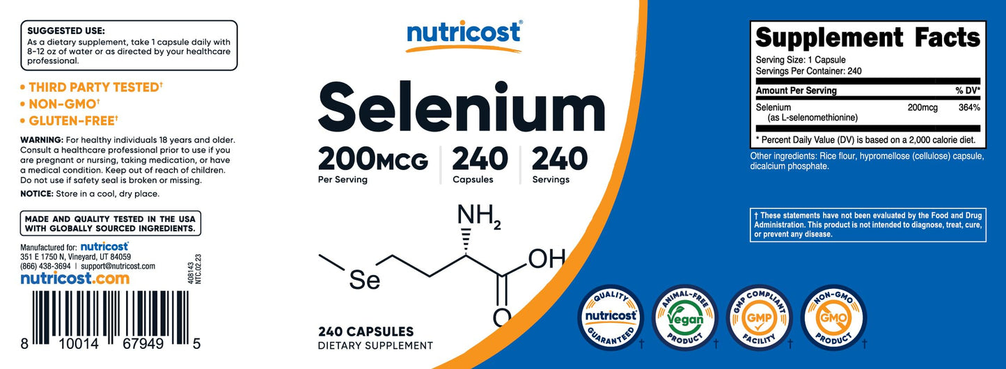 Nutricost Selenium 200mcg โ 240 Vegetarian Capsules, Non-GMO, Gluten Free