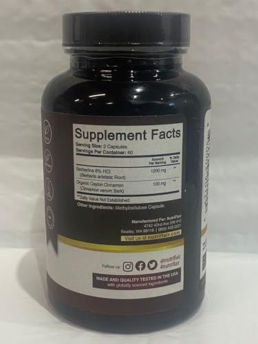 NutriFlair Berberine HCL 1200mg + Cinnamon - 120 Veggie Capsules