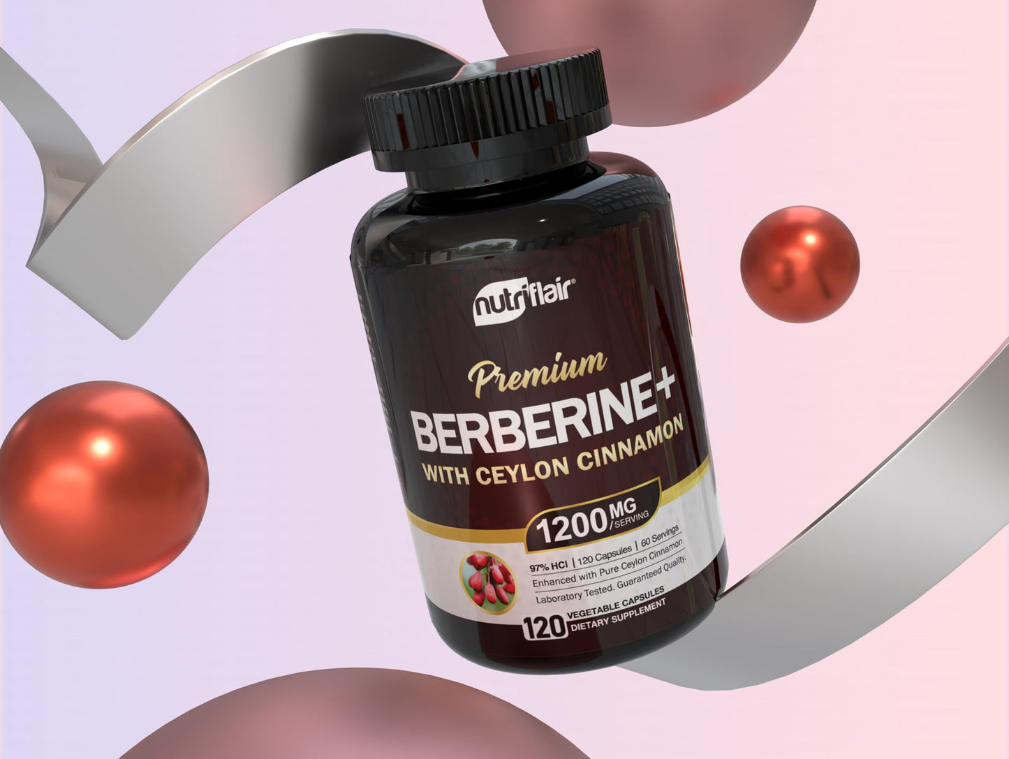 NutriFlair Berberine HCl 97% + Ceylon Cinnamon โ 120 Capsules, 60 Servings, Vegan