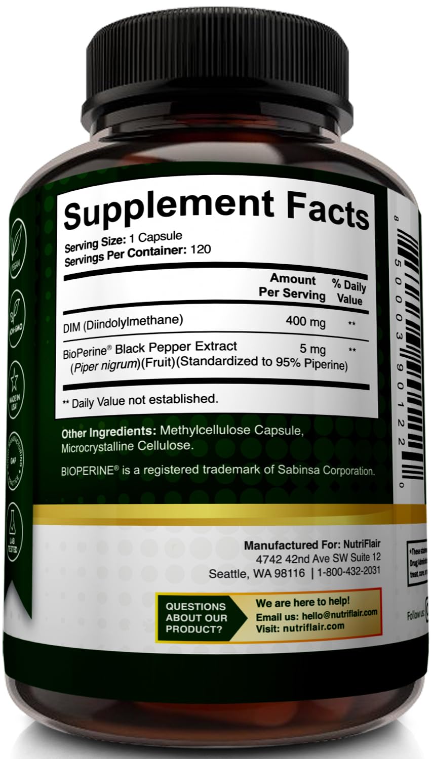 NutriFlair DIM 400mg with Bioperine โ 120 Capsules | Hormone Balance & Estrogen Metabolism Support