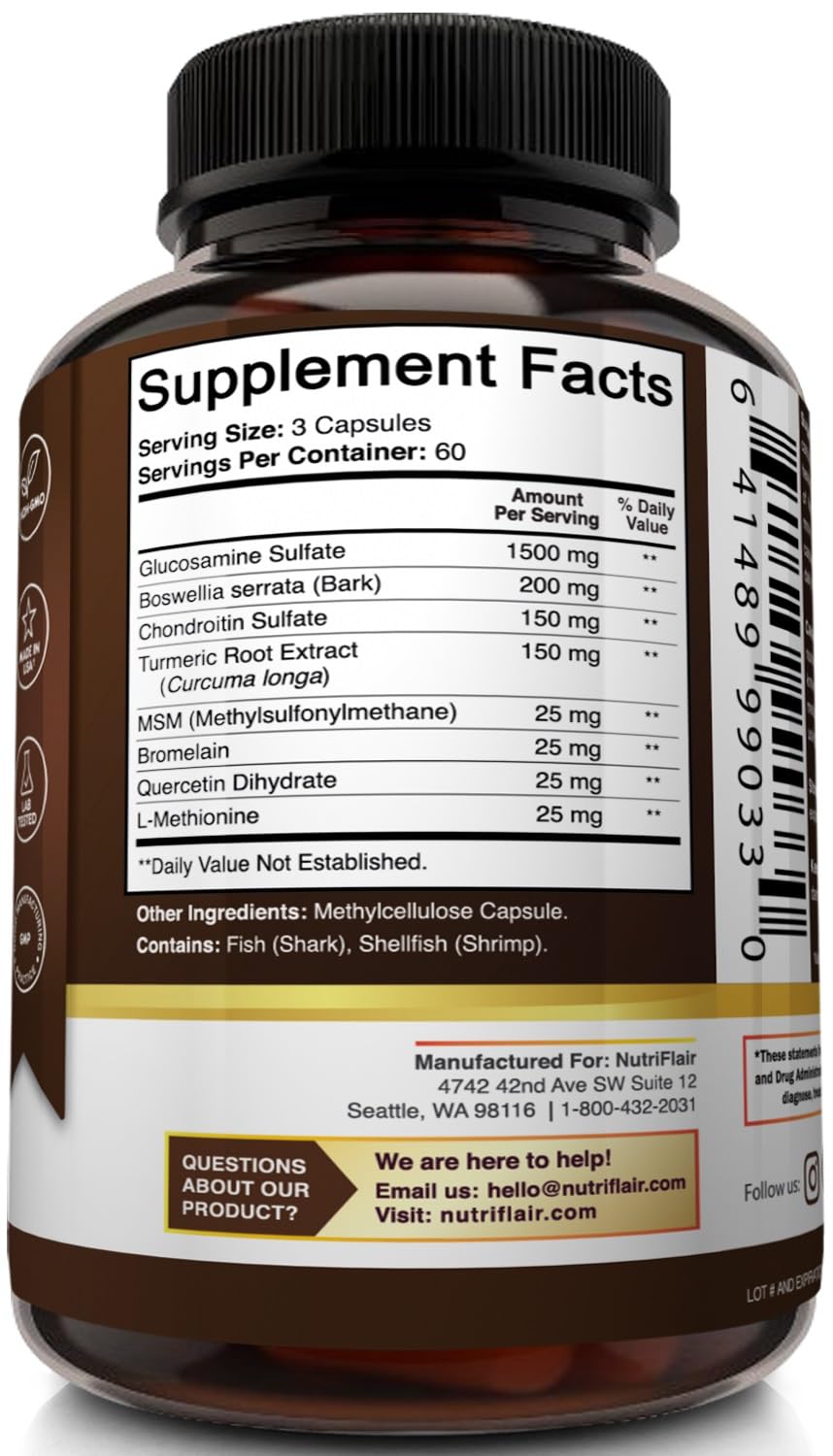 NutriFlair Glucosamine Chondroitin Turmeric MSM Boswellia โ 180 Capsules | Joint Comfort