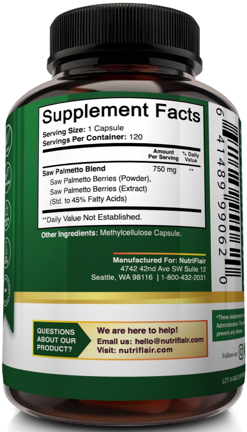 NutriFlair Saw Palmetto 750mg โ Prostate Health & Hair Support (120 Capsules)