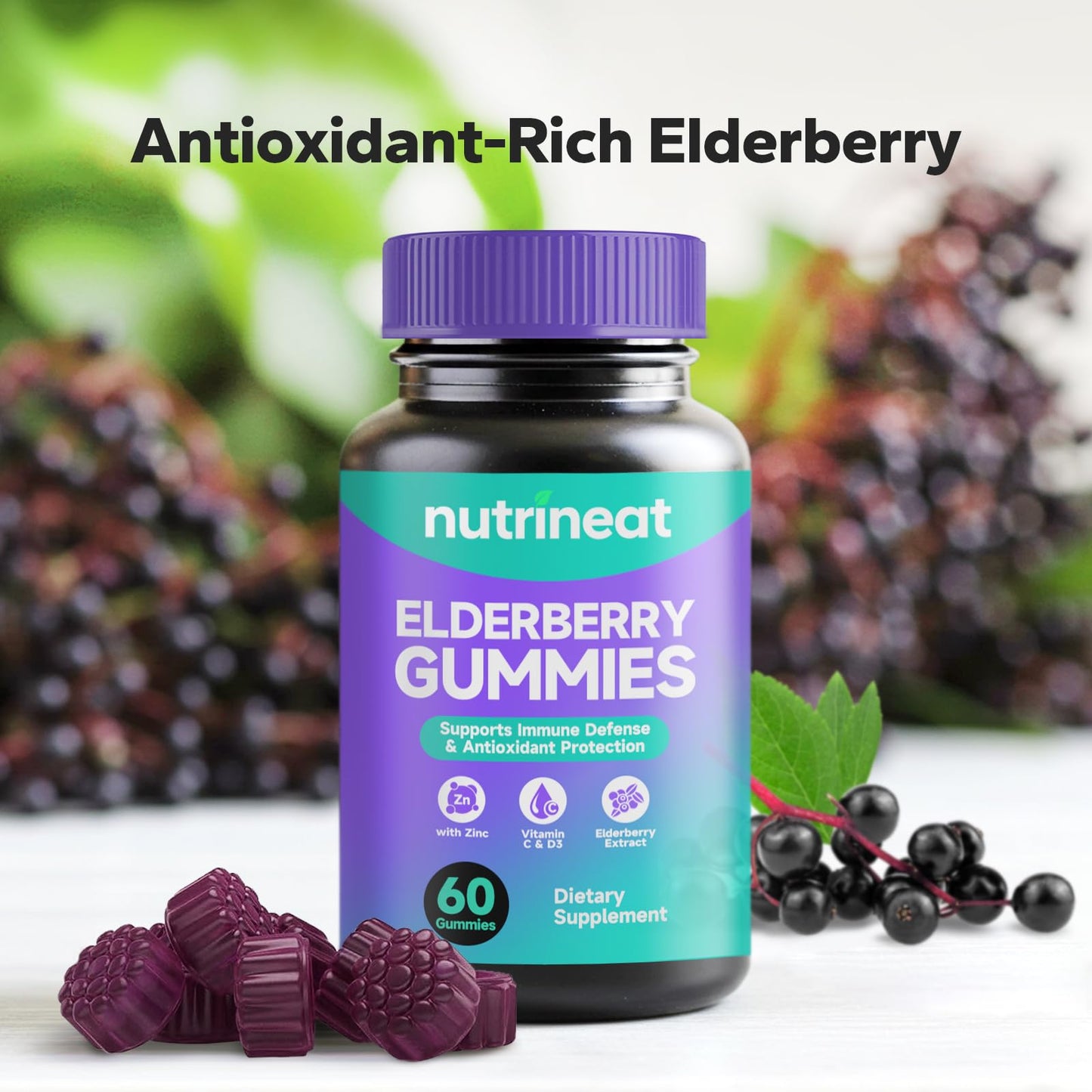 NutriNeat Elderberry Gummies โ Immune Support with Vitamin C, D3 & Zinc (60 Gummies)