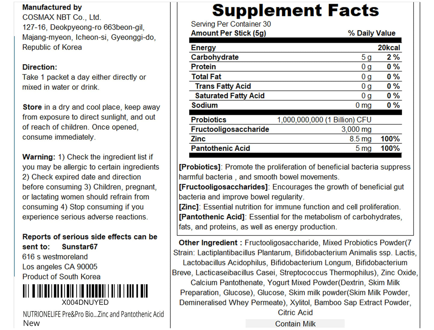 NUTRIONELIFE Pre&Pro Biotics โ 1 Billion CFU Powder, Multi-Strain Korea Probiotics for Digestive Wellness, Zinc & Pantothenic Acid