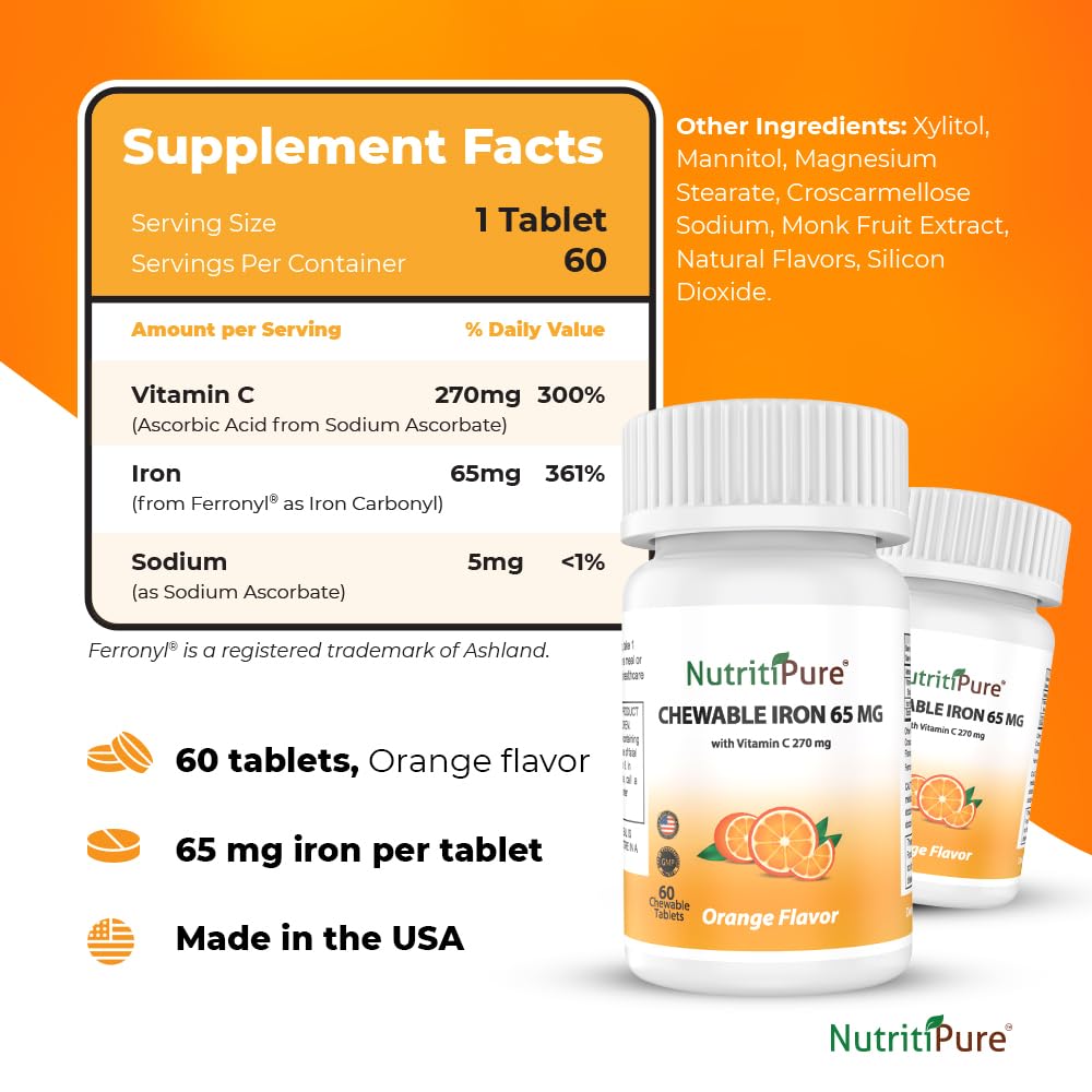 NutritiPure Chewable Iron 65 mg with Vitamin C 270 mg β Orange Flavor, 60 Count