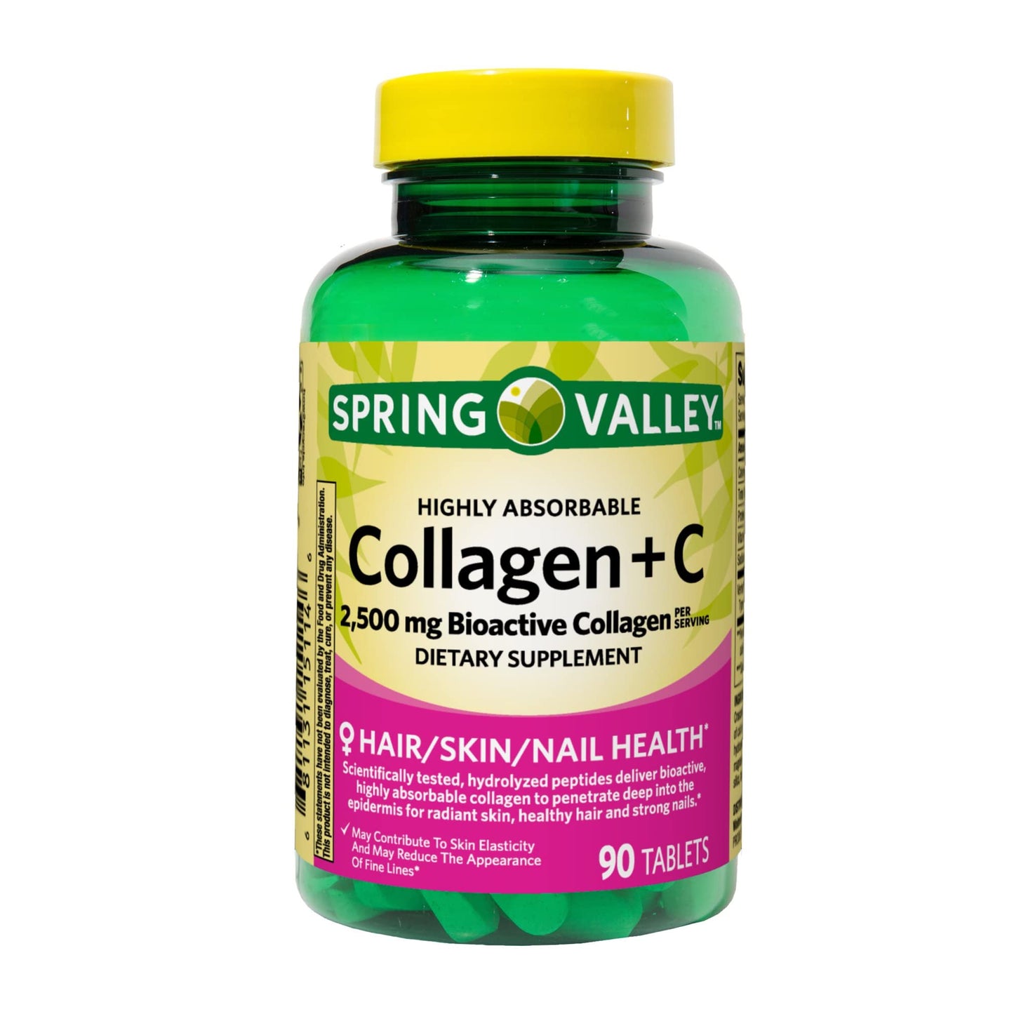 Spring Valley Collagen + C Tablets for Hair, Skin & Nails โ 2,500 mg Collagen + 60 mg Vitamin C, 90 Count (Highly Absorbable)