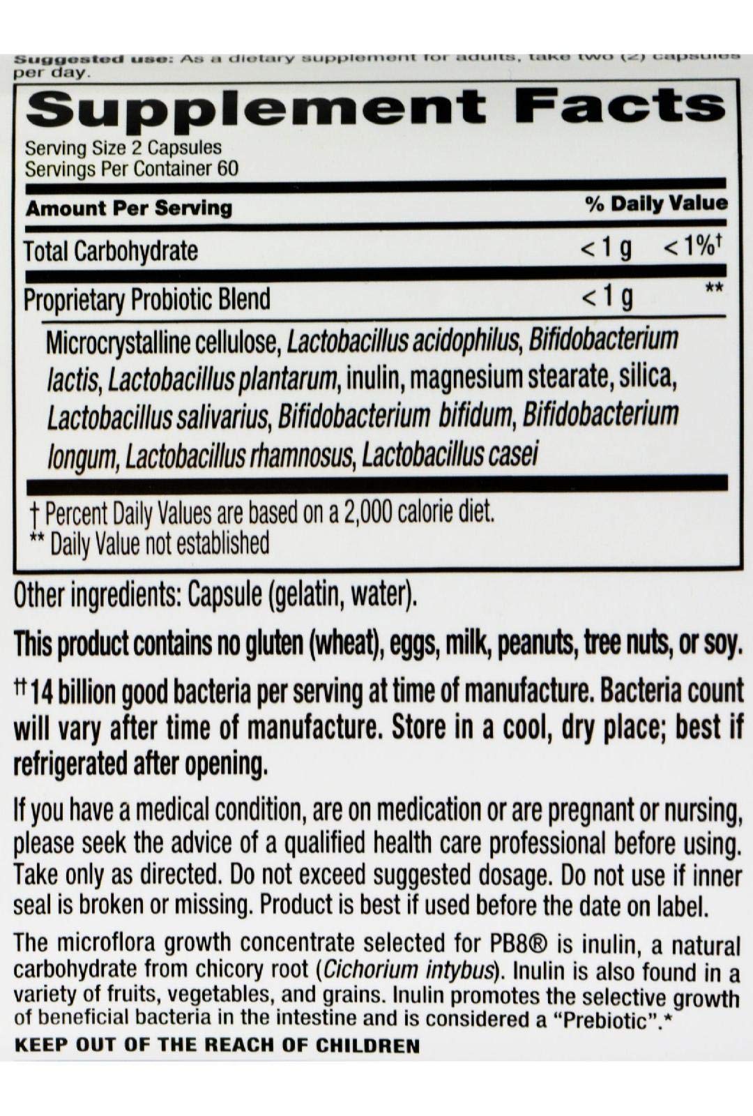 Nutrition Now Pb8 Acidophilus Original โ 120 Count | 14 Billion CFU | Gluten Free