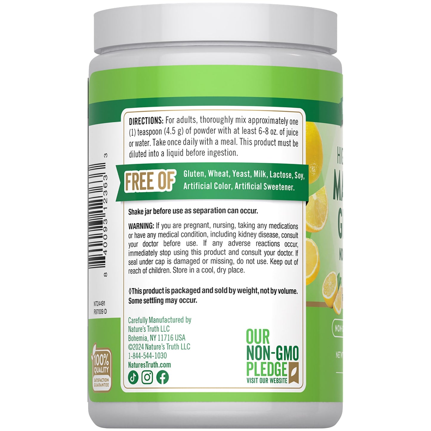 Nature's Truth Magnesium Glycinate Powder 6 oz β Lemon Flavor | High Absorption, Vegan, Non-GMO, Gluten Free