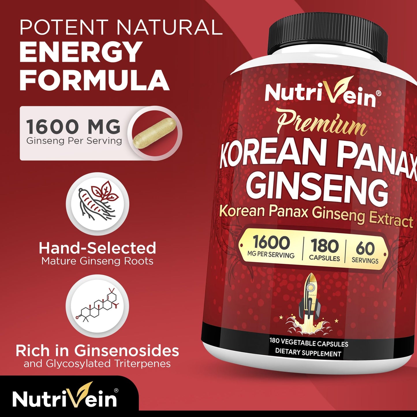 Nutrivein Korean Red Panax Ginseng 1600mg – Extra Strength Formula | 180 Capsules – Boost Energy, Focus & Immune Support