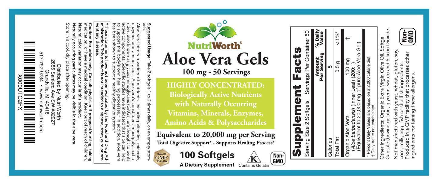 NutriWorth Aloe Vera Supplement (100 Softgels) โ 20,000mg Pure Gel Equivalency, Organic Aloe Vera