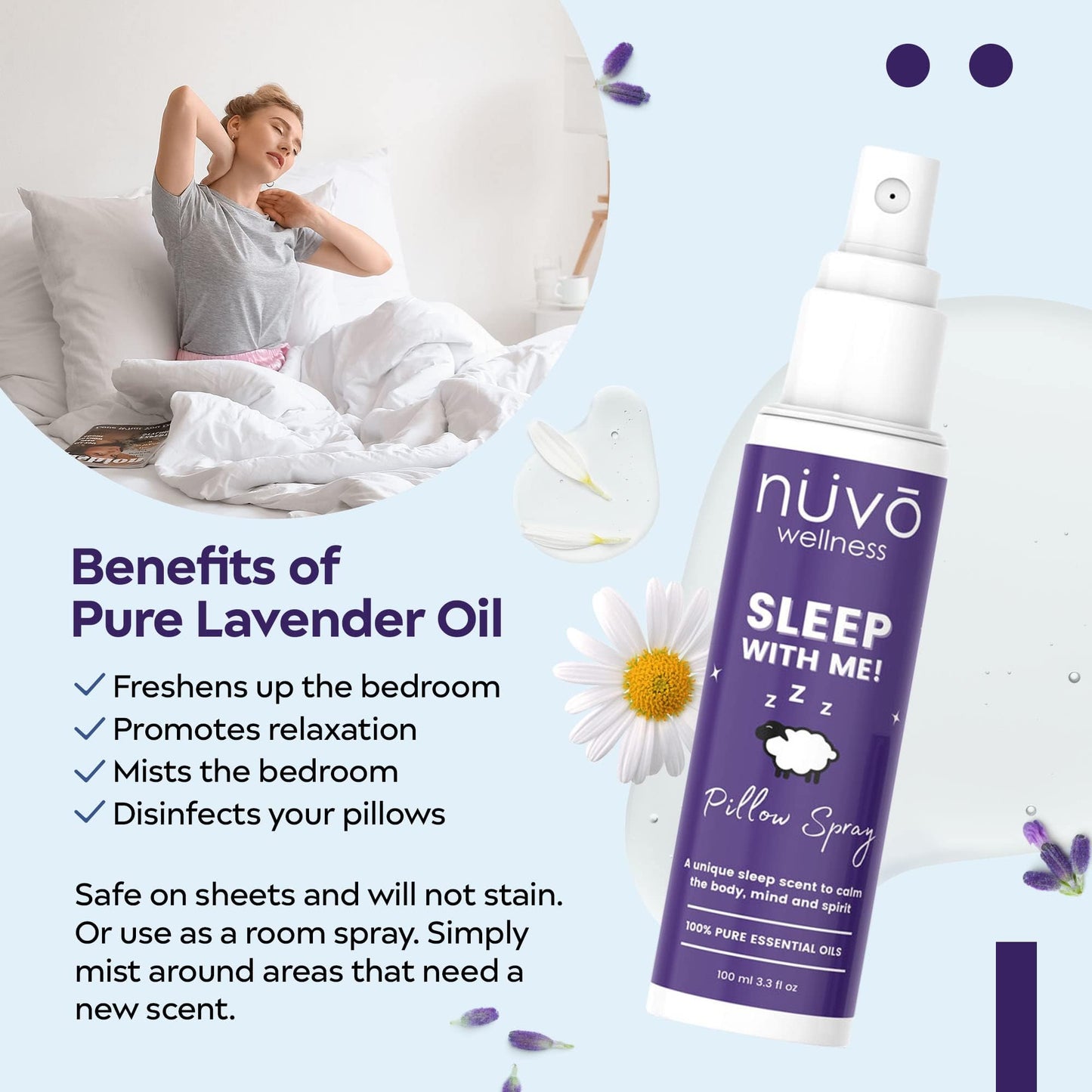 NUVO WELLNESS ESSENTIALS Premium Pillow Spray โ Lavender & Chamomile Sleep Mist