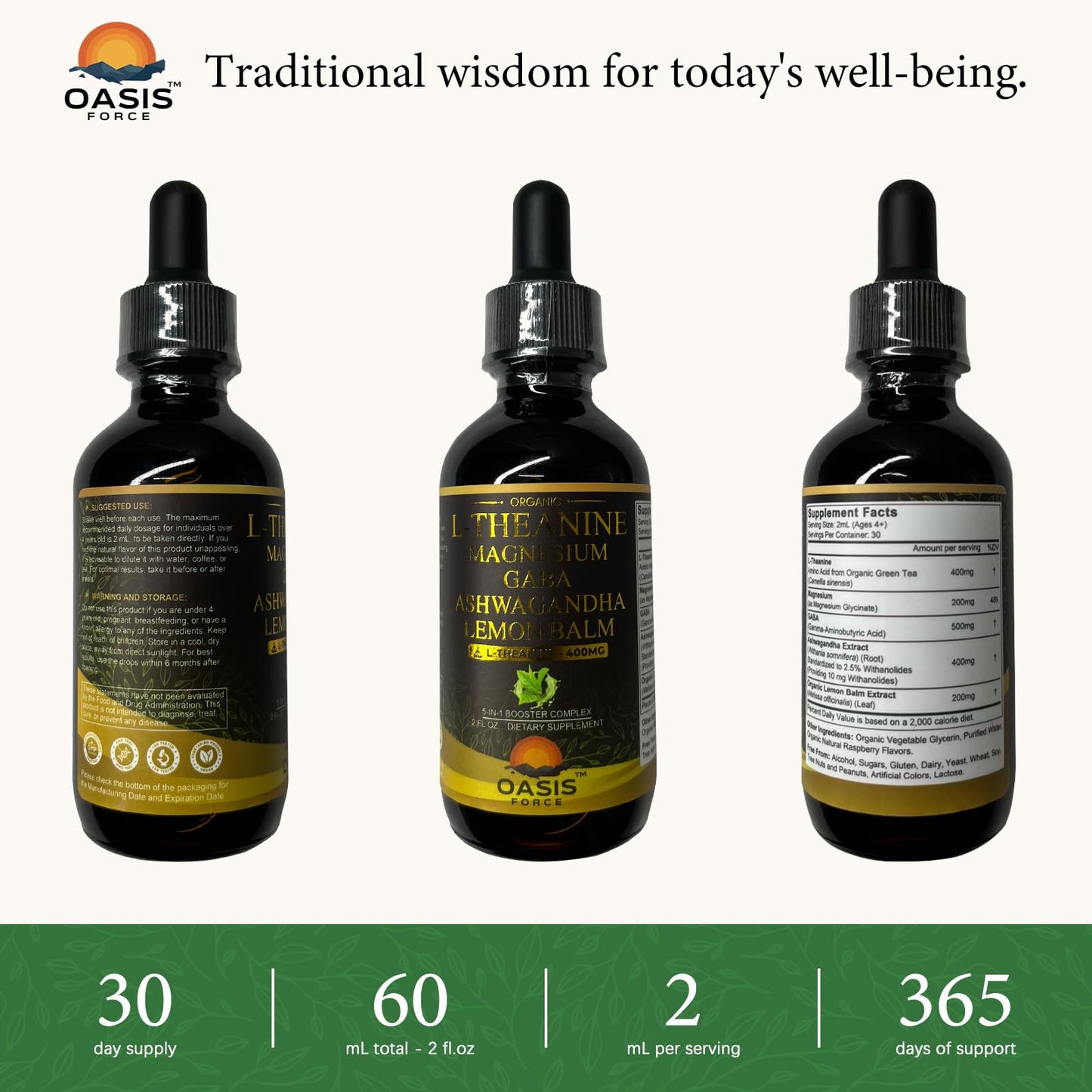 OASIS FORCE L Theanine 400mg Liquid Drops โ Sleep, Focus & Relaxation (2 oz)