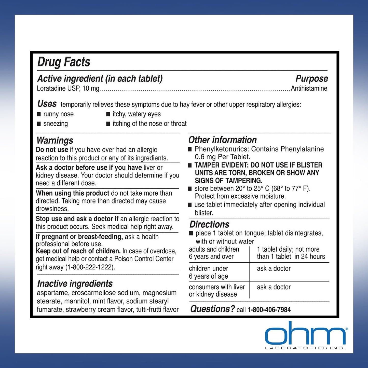 Ohm Allergy Pills Loratadine 10 mg β 24-Hour Non-Drowsy Allergy Relief (100 Count)