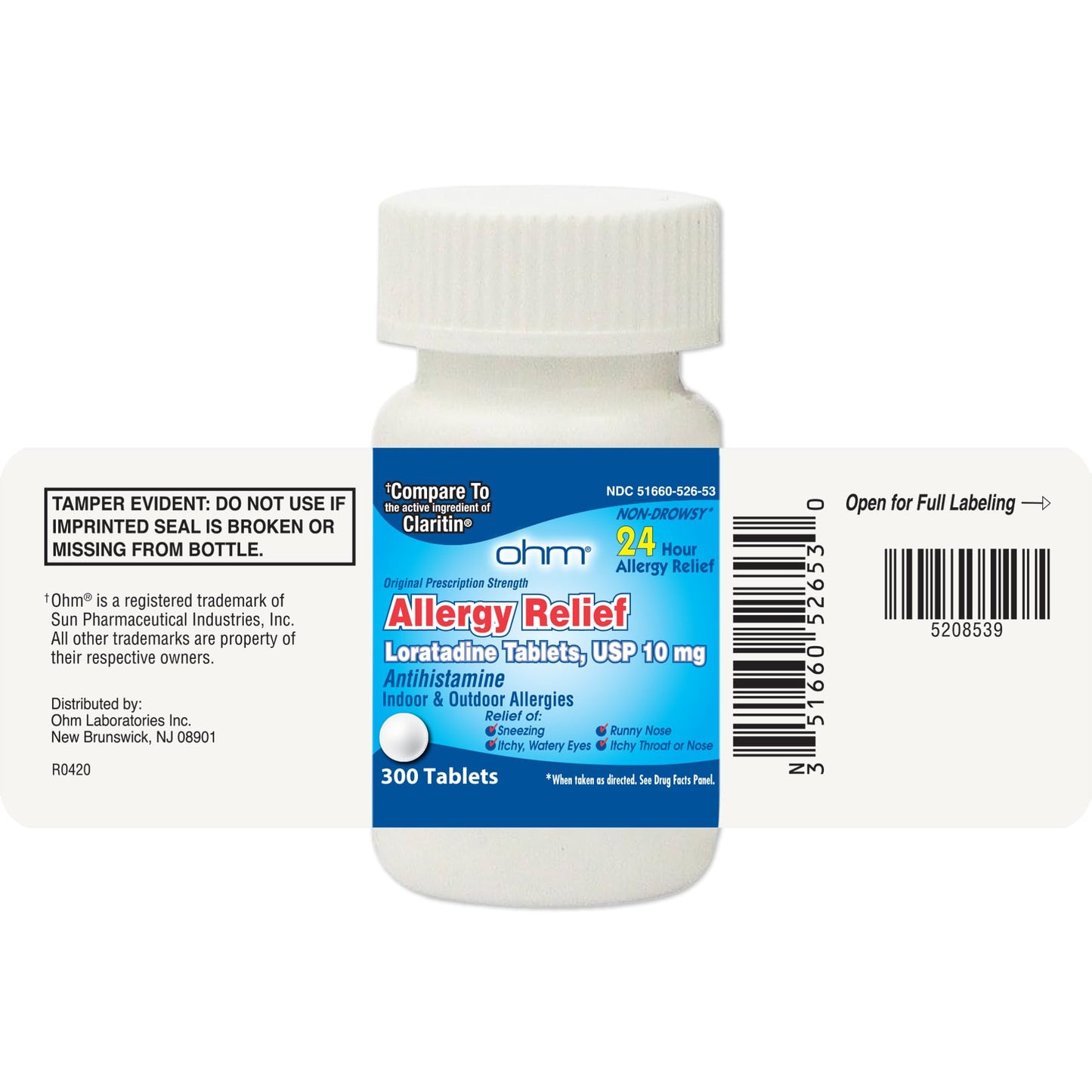 Ohm 24 Hour Loratadine Allergy Relief Tablets 10 mg โ 300 Count | Non-Drowsy Allergy Pills