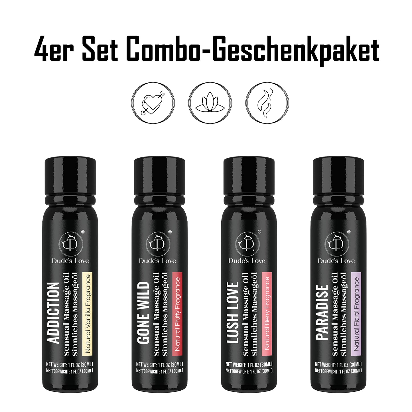 Organic Edible Massage Oil Set โ 4 Travel-Size Bottles in Gift Box (Fractionated Coconut Oil)