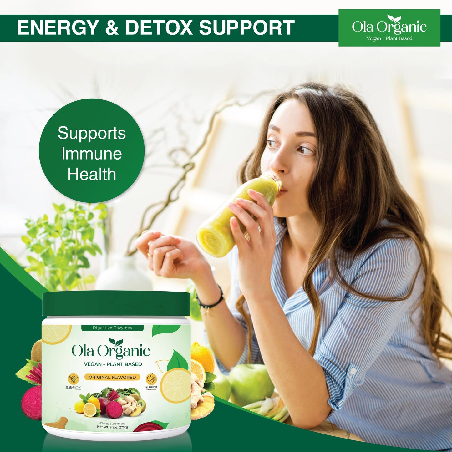 Ola Organic Greens Superfood Powder โ 11 Cruciferous Vegetables, Immune Support, 270g Jar