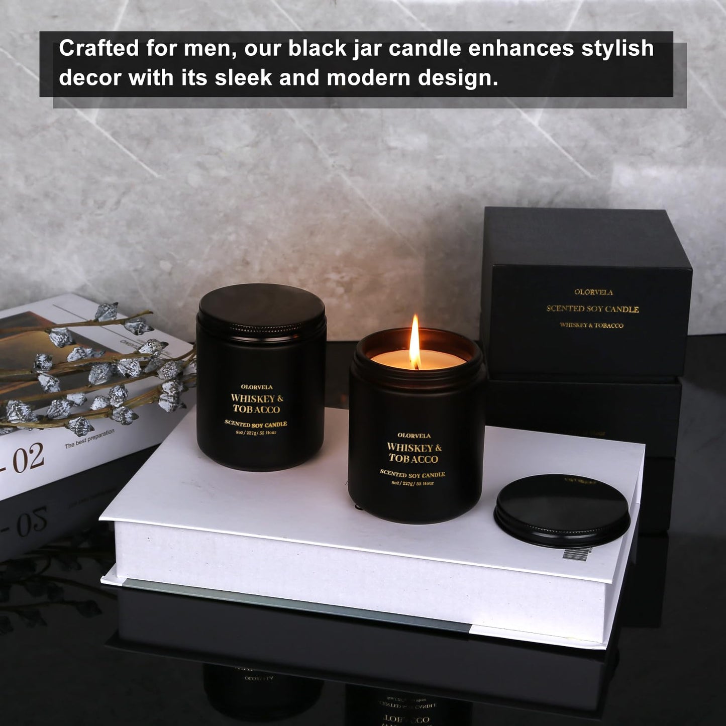 olorvela Scented Candles for Men β 8oz, 50-Hour Burn, Summer Hill & Amber Wood, Giftable Black Jar