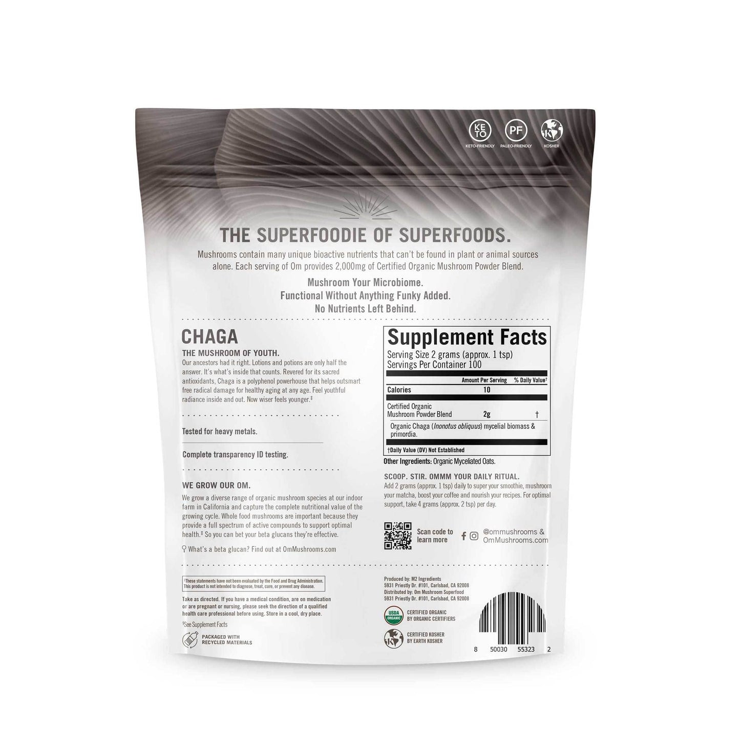 OM MUSHROOM SUPERFOOD Chaga Powder โ 7.05 oz, 100 Servings, Organic