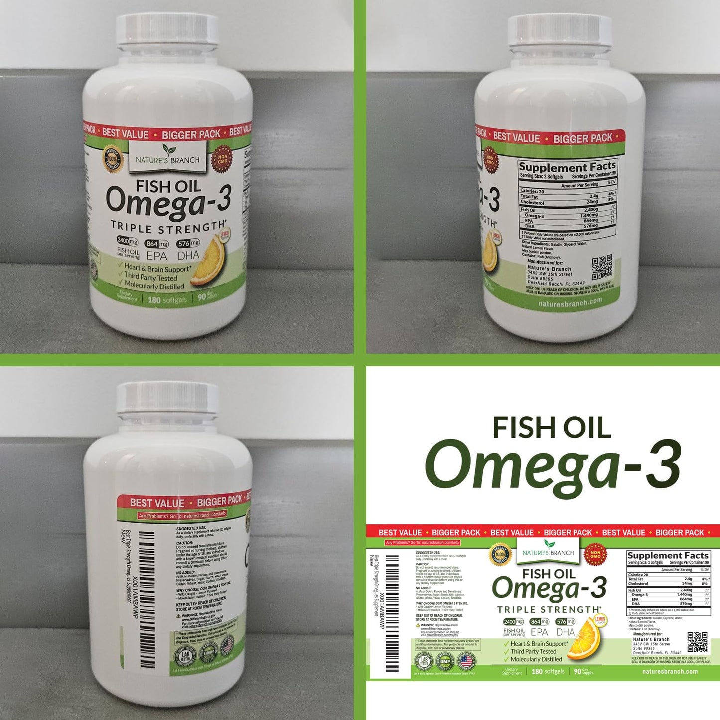 Triple Strength Omega-3 Fish Oil Pills โ 180 Softgels, 2400mg, Burpless Lemon