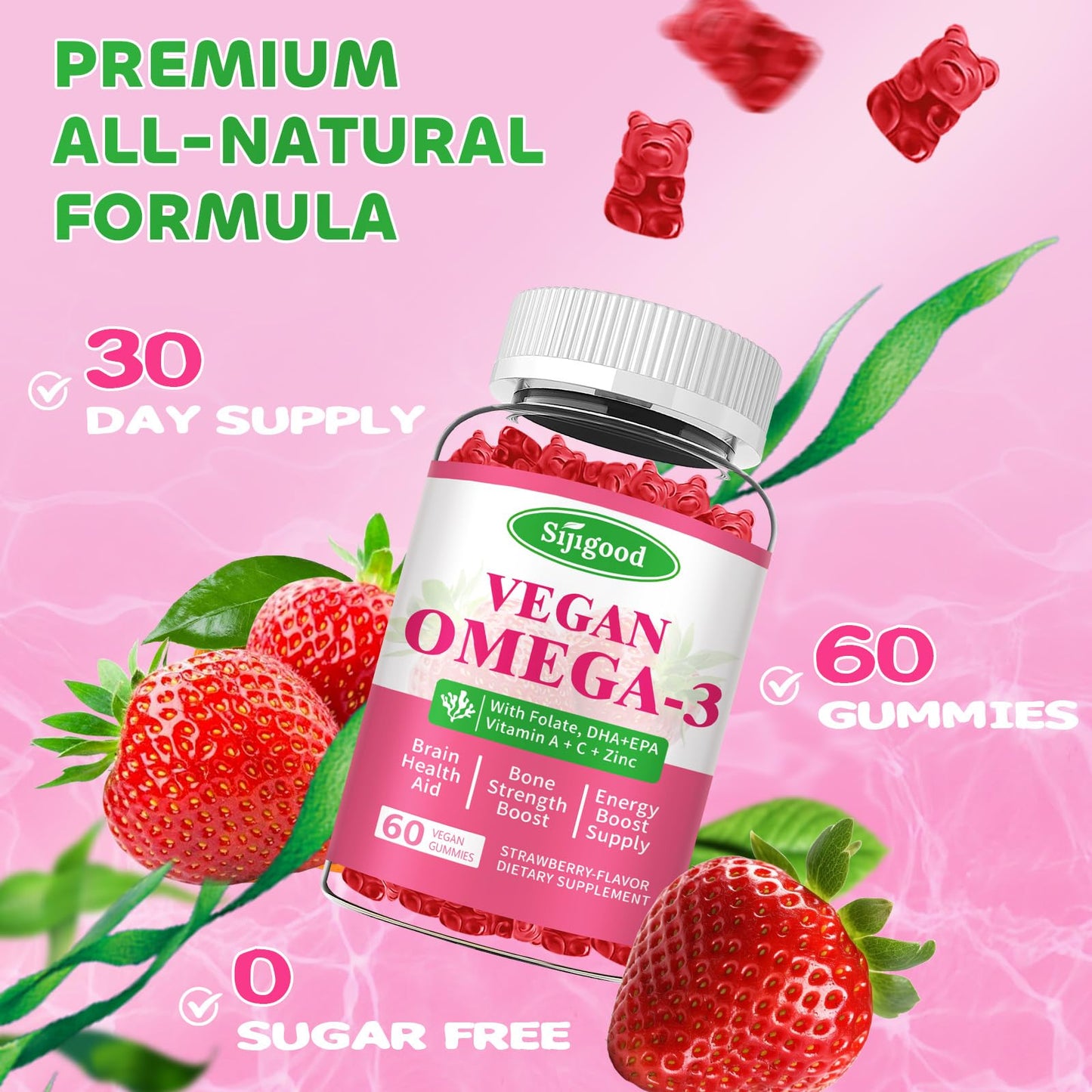 Algae Omega-3 Gummies (DHA & EPA) β Vegan, Sugar-Free, Strawberry, 60 Count