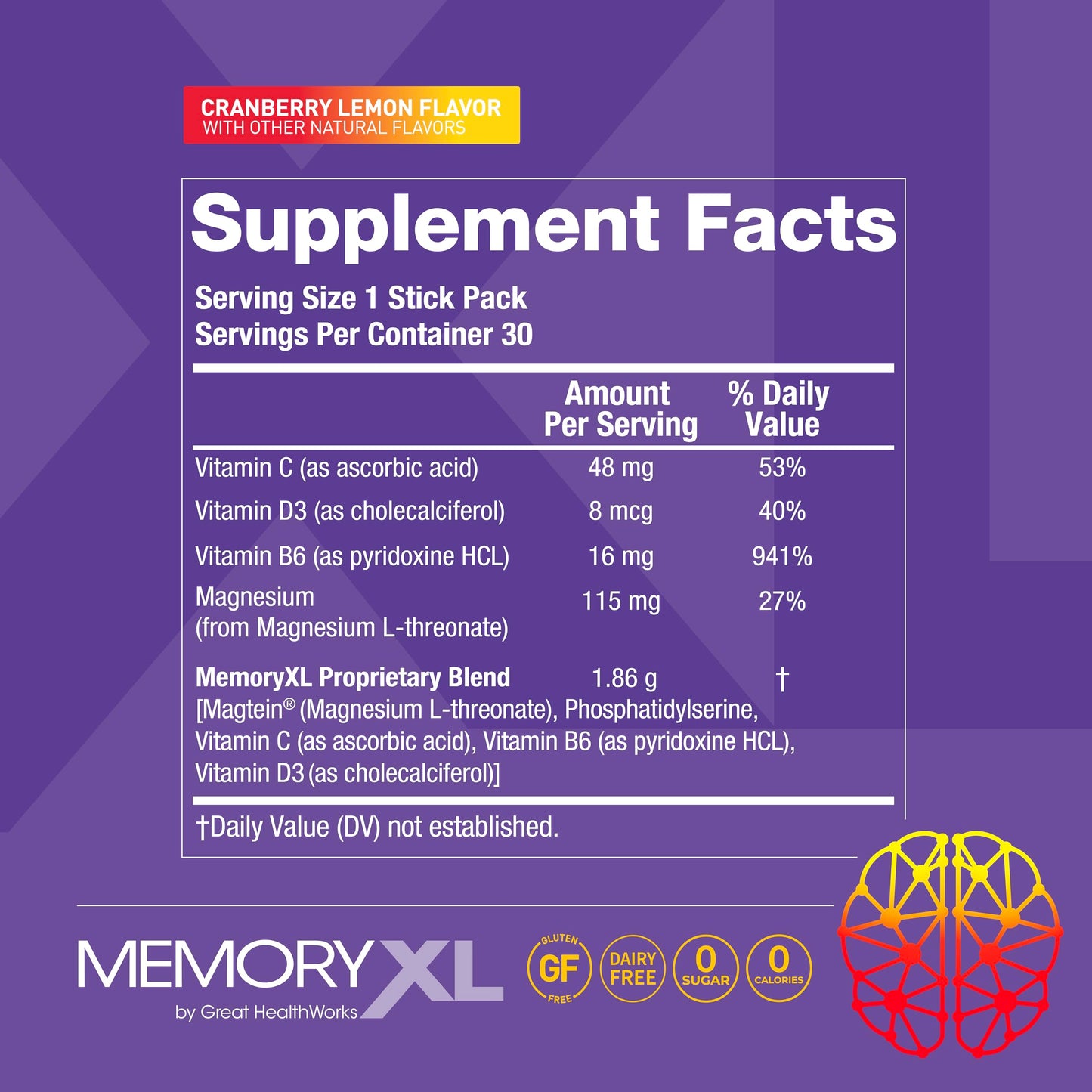 MemoryXL: Magnesium L-Threonate for Focus & Memory โ Cranberry Lemon, 30-Stick Pack | OmegaXL