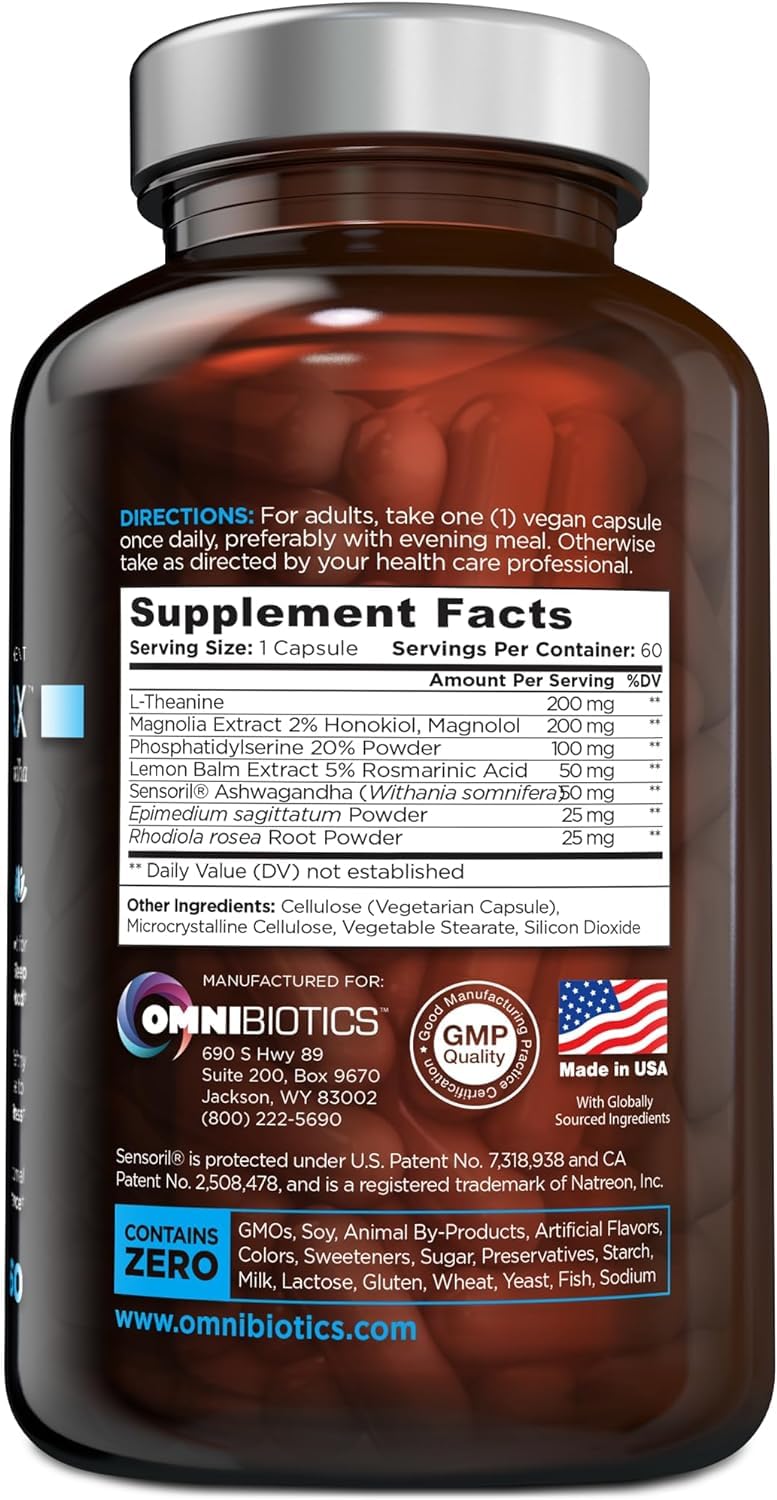 OmniBiotics Cortisol Supplement for Women & Men | Ashwagandha, L-Theanine, Magnolia, Phosphatidylserine | 60 Vegan Capsules