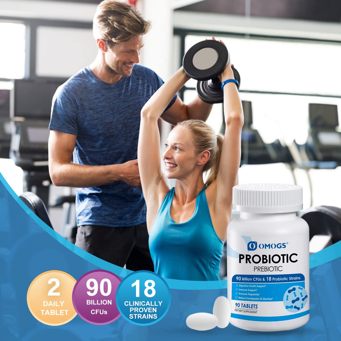 OMOGS Probiotics 90B CFUs โ 18 Strains, 3 Organic Prebiotics & Vitamin C | 90 Tablets
