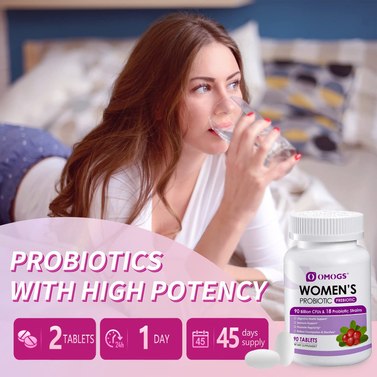 OMOGS Women's Probiotic โ Cranberry, Prebiotics & Vitamin C | 90B CFUs, 18 Strains, 90 Tablets