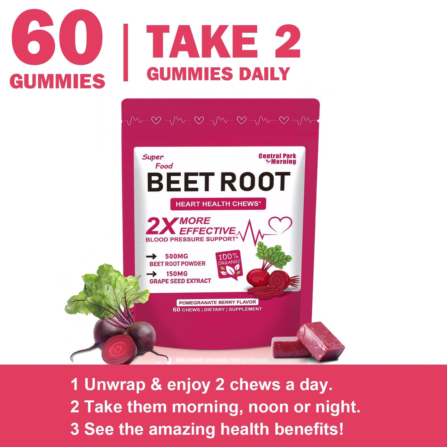 Central Park Beet Root Chews โ 2-in-1 Beet & Grape Seed for Heart Health & Energy