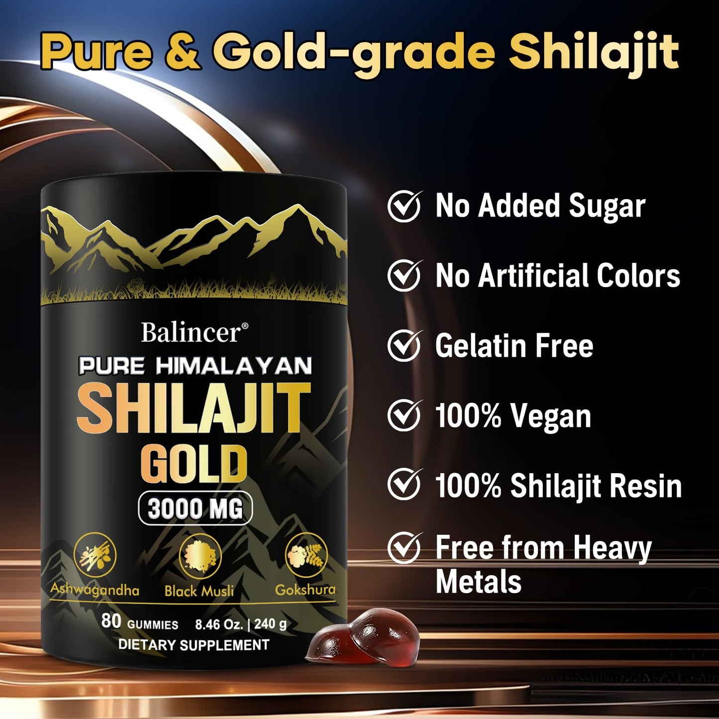 Pure Himalayan Shilajit Gummies Gold โ Lab Tested, Ashwagandha & Gokshura