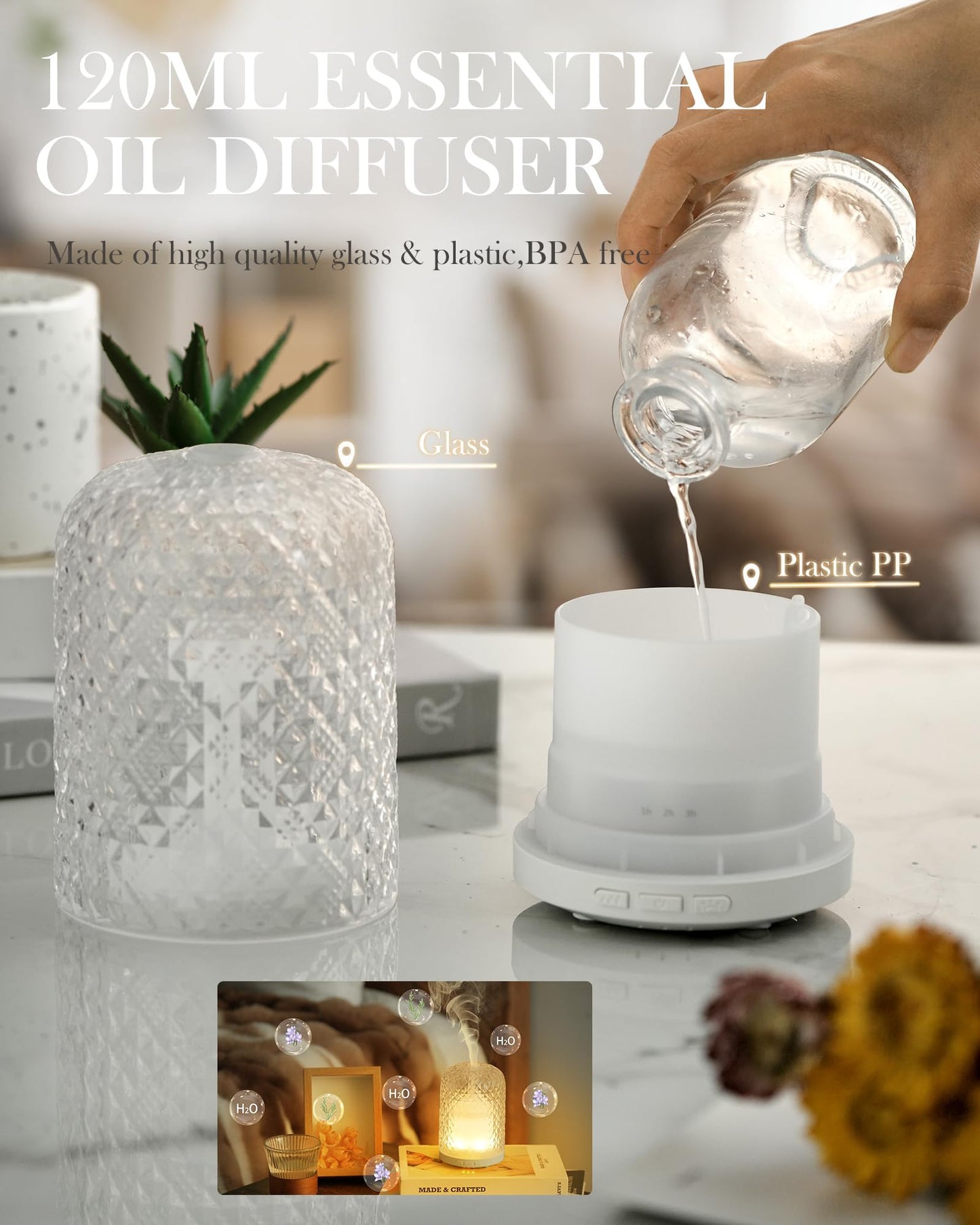 Onaboviva 120ml Glass Diffuser โ Ultrasonic Aromatherapy, Auto Shut-Off