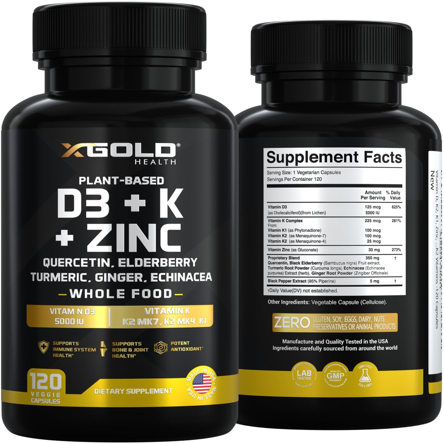 Vitamin D3 5000 IU + K2 MK7/MK4/K1, Zinc, Quercetin, Elderberry, Turmeric & Echinacea – 8-in-1 Plant-Based (120 capsules)