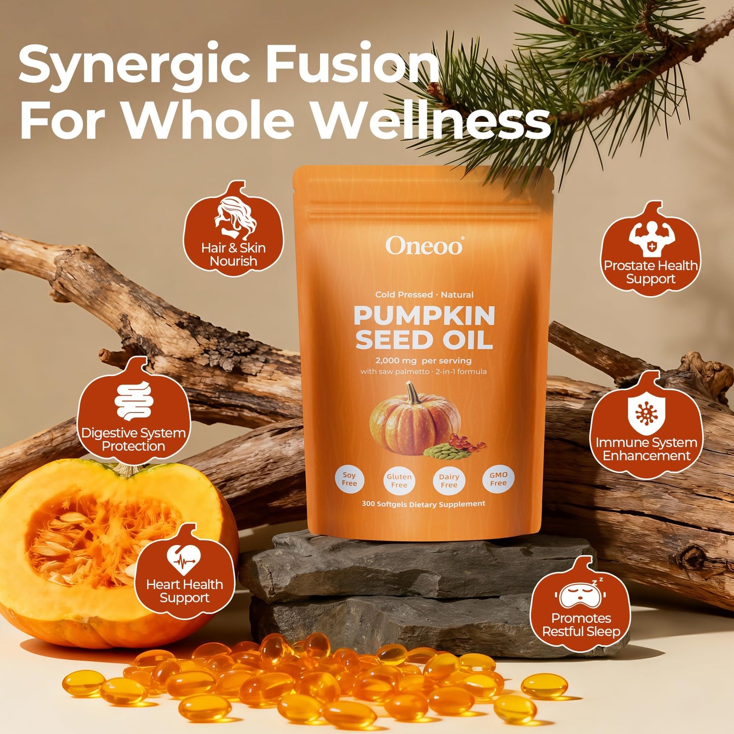 Oneoo Pumpkin Seed Oil 2000mg with Saw Palmetto โ 300 Softgels for Hair, Prostate & Urinary Health (Cold-Pressed, Non-GMO)