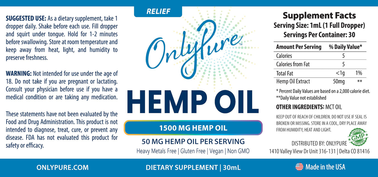 OnlyPure Relief Hemp Oil Drops โ 1500 mg, 30 mL | Wellness, Sleep & Relaxation | All-Natural, MCT Oil, Non-GMO, Vegan