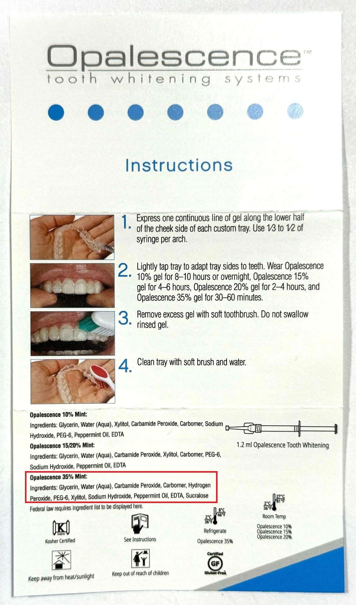 Opalescence 35% Gel Syringes Refill Kit (8 Count) โ Ultradent Carbamide Peroxide, Cool Mint