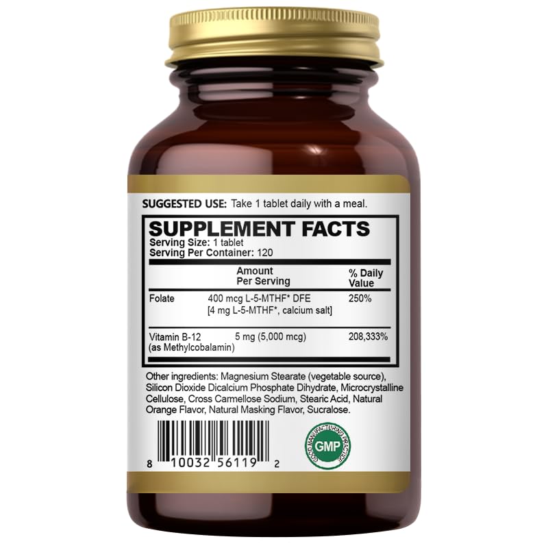 Oppuland Methyl B-12 5000mcg Chewable with Folate β Vegan Sublingual Tablets (Orange) β 120 Count